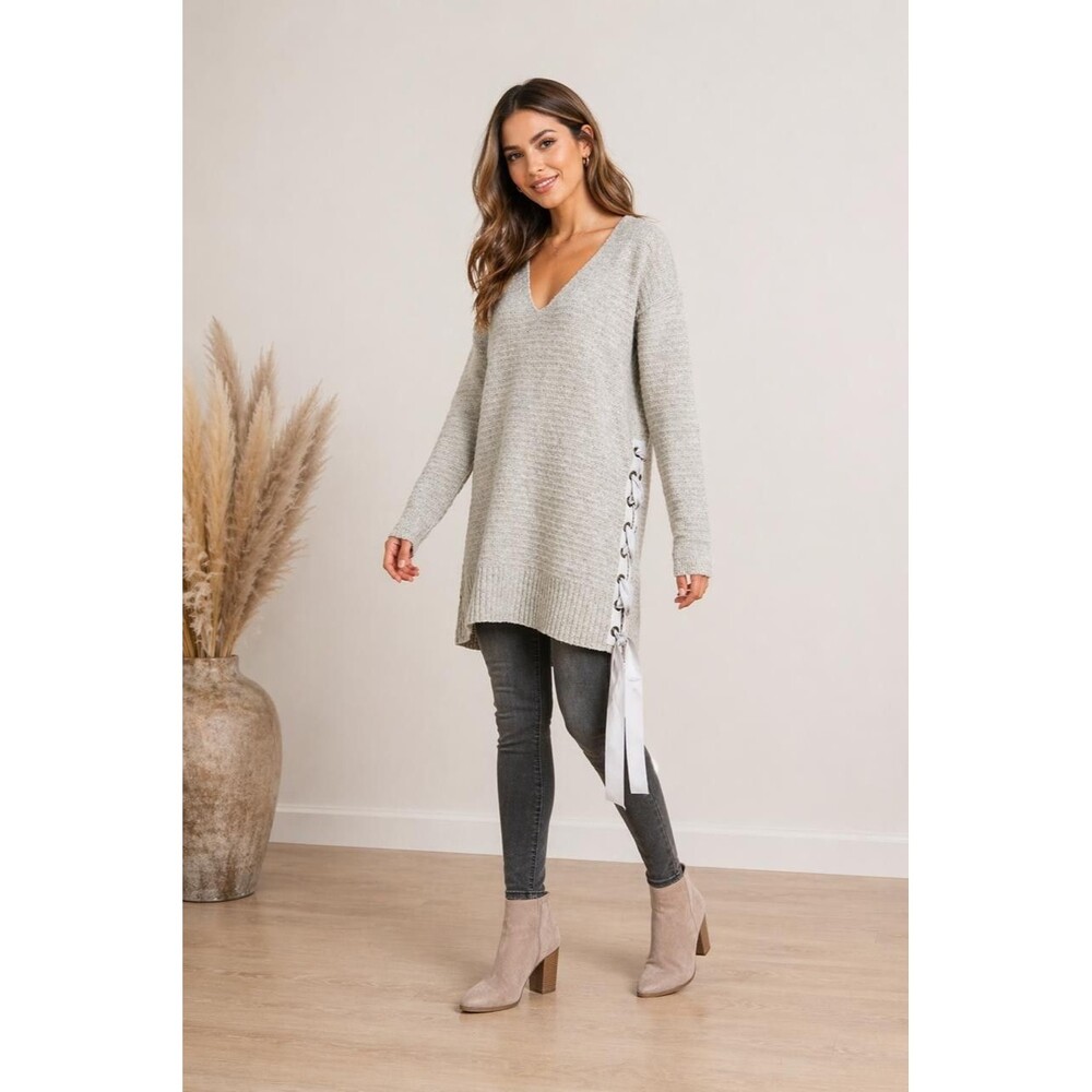 FREE PEOPLE Women's Tunic Sweater XS Lace Up Side Long‎ Sleeve Gray Boho